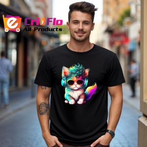 Tricou Pisicuta tigrata cu ochelari si flori in par Copii | Dama | Barbat, culoare negru - Img 5