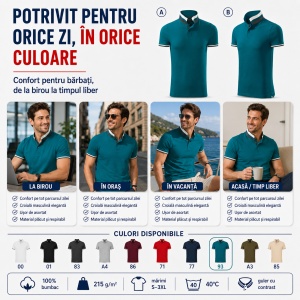 Tricou Polo Bărbați 256 Collar Up, 100% Bumbac, 215 g/m², Guler cu Contrast, 2 Nasturi, S–3XL, 10 Culori - Img 7