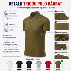 Tricou Polo Bărbați 259 Grand, 100% Bumbac Mercerizat, Guler Polo cu 3 Nasturi, S–3XL, 6 Culori - Img 3