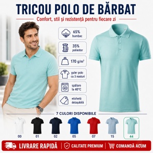 Tricou Polo Bărbați Joy, 65% Bumbac, 35% Poliester, 170 g/m², Guler Polo cu 3 Nasturi, Mărimi S–3XL, 7 Culori - Img 10