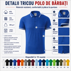 Tricou Polo Bărbați Malfini cu Dungi la Guler și Manșete, Tip Tommy, 65% Bumbac, 200 g/m², 19 Culori, Mărimi S–3XL - Img 3