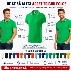 Tricou Polo Bărbați Malfini Urban 219, cu Dungi la Guler, Tip Tommy, 65% Bumbac, 200 g/m², 19 Culori, Mărimi S–3XL - Img 2