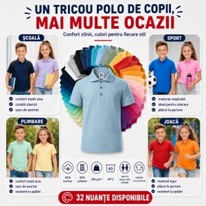 Tricou polo copii, fete și băieți, 65% bumbac, 200 g/m², mărimi 4–12 ani - Img 8
