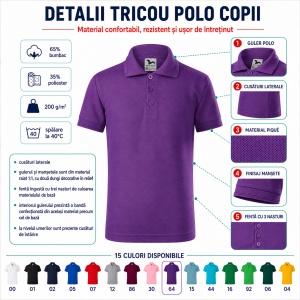Tricou Polo Copii pentru Uniformă Școlară, Fete și Băieți, cu Guler - Img 6