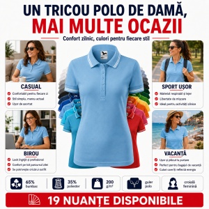 Tricou Polo Damă cu dungi la guler, bumbac 65%, marimi XS - 2XL - 19 nuanțe - Img 7