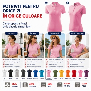 Tricou Polo Damă Malfini 210 Pique, Croială Cambrată, 200 g/m², Mărimi XS–3XL,65% Bumbac, 36 Culori - Img 5