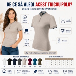 Tricou Polo Damă Malfini Diamond 274 – 100% Bumbac, 215 g/m², Guler Tip Bomber, Croială Cambrată - Img 2