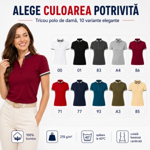 Tricou Polo Damă Premium Malfini 257 Collar Up, 100% Bumbac, Croială Cambrată, 215 g/m², XS 2XL, 10 Culori
