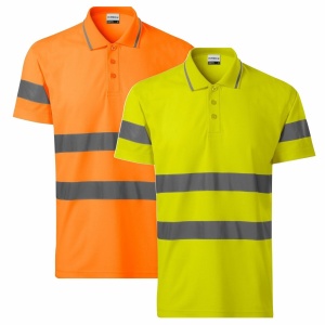 Imagine de prezentare pentru tricou polo reflectorizant profesional si culorile disponibile portocaliu si galben