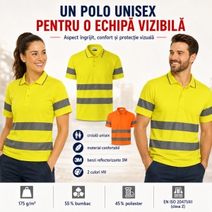 Tricou Polo Reflectorizant Unisex Damă/Bărbat HV Runway 2V9 cu Guler – Benzi 3M, 55% Bumbac