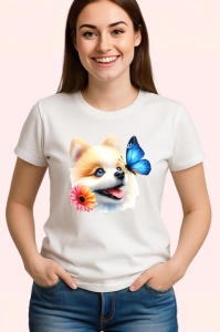 Tricou Pomeranian cu fluture albastru si floare roz adorabil si pufos Copii | Dama | Barbat Barbat - Img 3