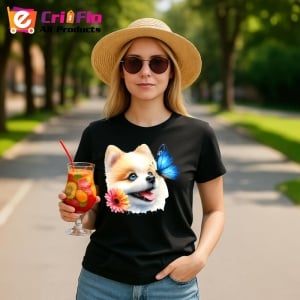 Tricou Pomeranian cu fluture albastru si floare roz adorabil si pufos Copii | Dama | Barbat Barbat - Img 22