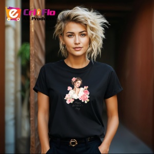 Tricou Portret Eleganta Femeie Flori Roz, din bumbac 100%, tricou negru Dama