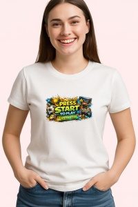 Tricou Press Start To Play Design Gaming Colorat, din bumbac 100% , tricou alb pentru Copii | Dama | Barbat - Img 3