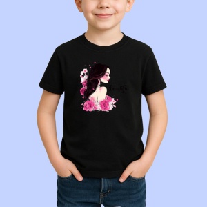 Tricou Profil Femeie Eleganta Flori Roz Fundal Gri, din bumbac 100%, tricou negru Copii | Dama | Barbat - Img 2