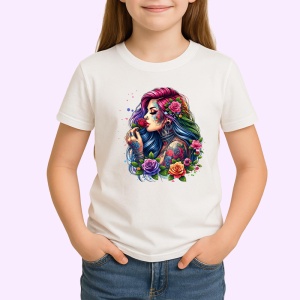 Tricou rainbow curls girl roses tattoo, fata cu bucle curcubeu si tatuaj trandafiri, Copii | Dama | Barbat - Img 3