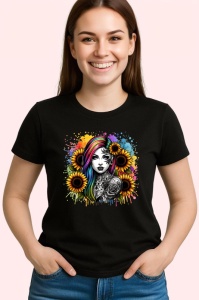 Tricou Rainbow hair girl skull tattoo, fata cu par curcubeu si tatuaj craniu, Copii | Dama | Barbat , tricou negru - Img 3