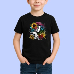 Tricou Rainbow hair girl with skull, fata cu par curcubeu si craniu, Copii | Dama | Barbat , tricou negru - Img 2