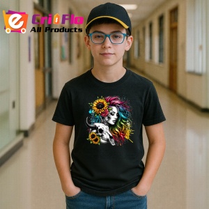 Tricou Rainbow hair girl with skull, fata cu par curcubeu si craniu, Copii | Dama | Barbat , tricou negru - Img 6