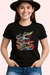 Tricou Rechin cu chitara in stil graffiti pop art Copii | Dama | Barbat, culoare negru