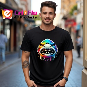 Tricou Rechin curcubeu cu dinti mari stil pop art Copii | Dama | Barbat, culoare negru