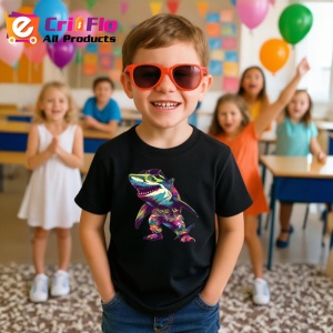 Tricou Rechin dansator colorat in pozitie comica Copii | Dama | Barbat, culoare negru - Img 11