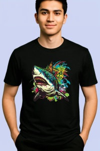 Tricou Rechin verde cu stropi colorati fundal alb Copii | Dama | Barbat, culoare negru - Img 2