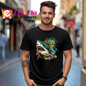 Tricou Rechin verde cu stropi colorati fundal alb Copii | Dama | Barbat, culoare negru - Img 6