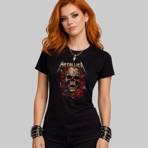 Tricou Rock Metallica, Design Craniu Bandajat și Chitări, din bumbac 100%, tricou negru, Dama | Barbat - Img 3