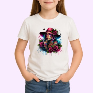 Tricou rose hat girl dripping ink look, fata cu palarie si trandafiri stil stropi de cerneala, Copii | Dama | Barbat - Img 3