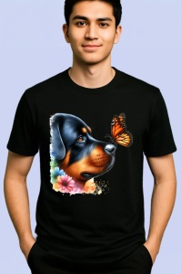 Tricou Rottweiler calm cu fluture portocaliu si flori colorate contrast vibrant Copii | Dama | Barbat Barbat - Img 5
