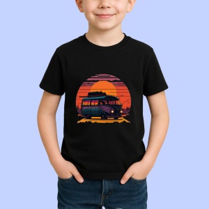 Tricou Rulota hippie cu flori si camp de floarea soarelui Copii | Dama | Barbat, culoare negru