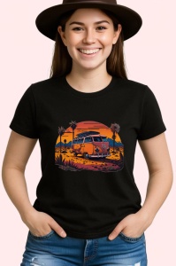 Tricou Rulota portocalie pe plaja cu palmieri si apus Copii | Dama | Barbat, culoare negru - Img 3