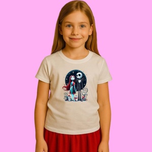 Tricou Sally Schelet Si Fata Albastra Inimioara, din bumbac 100%, tricou alb, Copii | Dama | Barbat
