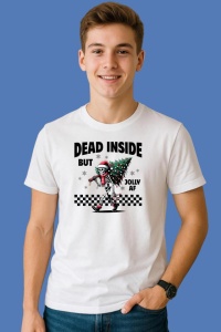 Tricou Schelet Cu Brad Dead Inside But Jolly Af, din bumbac 100%, tricou alb, Copii | Dama | Barbat - Img 2