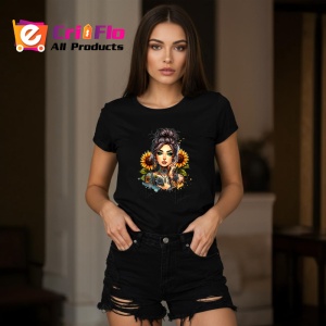 Tricou Side bun girl sunflower earrings, fata coc lateral cu cercei floarea soarelui, Copii | Dama | Barbat , tricou negru - Img 7