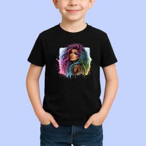 Tricou Side gaze rainbow hair girl, fata cu privire laterala si par curcubeu, Copii | Dama | Barbat , tricou negru - Img 2