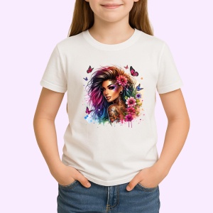 Tricou side view girl pink flowers hair tattoo, fata profil cu flori roz si tatuaje, Copii | Dama | Barbat - Img 3