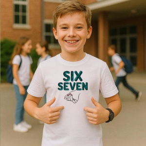 Tricou SIX SEVEN 67 Text Clasic Cu Mana, din bumbac 100%, tricou alb, Copii | Dama | Barbat - Img 2
