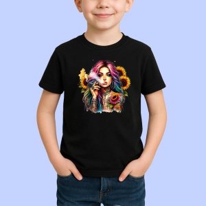 Tricou Smoking girl floral tattoo, fata care fumeaza cu tatuaj floral, Copii | Dama | Barbat , tricou negru - Img 2