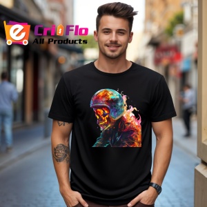 Tricou Soldat pe motor in flacari fundal artistic Copii | Dama | Barbat, culoare negru - Img 6