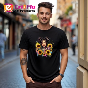 Tricou Space buns girl sunflower burst, fata cu cocuri si floarea soarelui exploziva, Copii | Dama | Barbat , tricou negru - Img 10