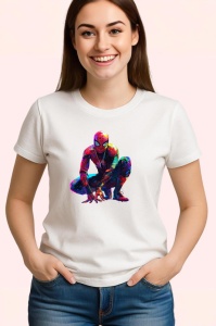 Tricou Spiderman desen colorat pozitie ghemuit fundal alb Copii | Dama | Barbat - Img 3