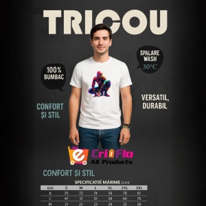 Tricou Spiderman desen colorat pozitie ghemuit fundal alb Copii | Dama | Barbat - Img 6