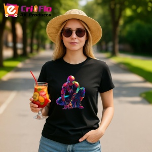 Tricou Spiderman desen colorat pozitie ghemuit fundal alb Copii | Dama | Barbat, culoare negru - Img 8