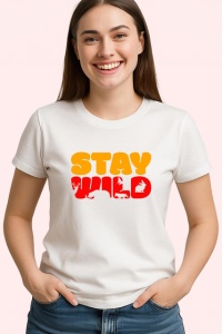 Tricou Stay Wild Text Portocaliu Cu Labuta Animal, din bumbac 100% , tricou alb pentru Copii | Dama | Barbat