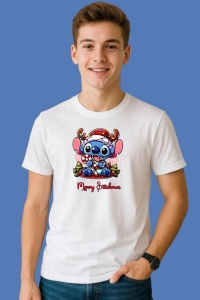 Tricou Stitch Cu Acadele Si Ghirlanda Craciun, din bumbac 100%, tricou alb, Copii | Dama | Barbat