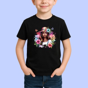 Tricou Summer hat woman floral, femeie cu palarie de vara si flori, Copii | Dama | Barbat , tricou negru - Img 2