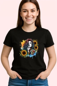 Tricou Sunflower tattoo hand shy girl, fata timida cu tatuaj floarea soarelui pe mana, Copii | Dama | Barbat , tricou negru - Img 3
