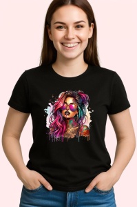 Tricou Sunglasses girl rainbow style tattooed, fata cu ochelari stil curcubeu si tatuaje, Copii | Dama | Barbat , tricou negru
